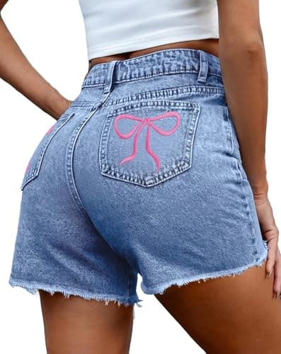 Pink Queen Women's Summer Jean Shorts 2026 Fashion Frayed Ripped Denim Shorts Casual Star/Bow Frayed Hem Hot Shorts with Pockets Light Blue S