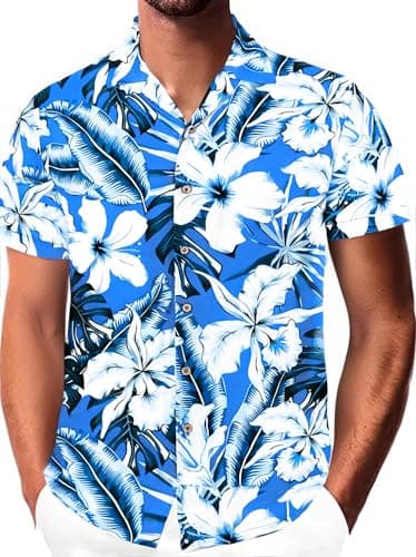 Damipow Hawaiian Shirt for Men Short Sleeve Beach Vacation Shirt Floral Summer Casual Button Down Shirts,Blue Flower,5XL - Image 1