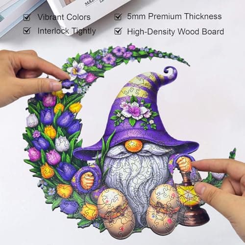 Wooden Puzzle for Adults, Fantasy Floral Moon Gnome Jigsaw Puzzles 300 Piece, 5MM Unique Shape Wooden Jigsaw Puzzle Adults, Challenging Gnome Puzzles for Family Game Night Wall Art Decor 15 * 14.4in - Thumbnail 6