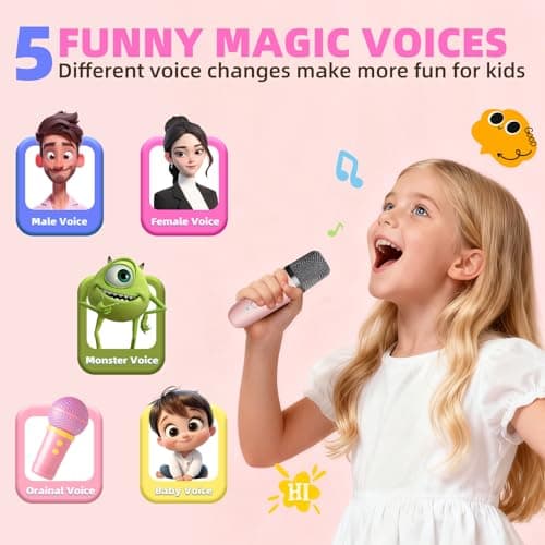 Kids Karaoke Machine Toy for Ages 3-12, Rechargeable Portable Bluetooth Speaker with 1 Wireless Microphone, LED Light Up Voice Changer, Christmas Birthday Gift for Boys Girls Grandkids (Pink - 1) - Thumbnail 4