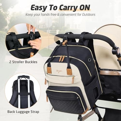 Tonyeee Diaper Bag Backpack - Extra Large Diaper Bag for 2 Kids Twin, Travel Baby Bags for Mom Dad 25-37L Expandable with Changing Pad Earphone Hole, Apricot Black - Thumbnail 6