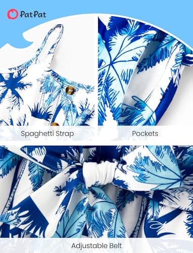 PATPAT 5T Romper For Girls, Palm Print, Toddler Girl Jumpsuit, Backless Wide Leg Sleeveless Hawaiian Rompers With Pockets, Spaghetti Strap Jumpsuits With Belt, Kids Summer Outfits - Thumbnail 6