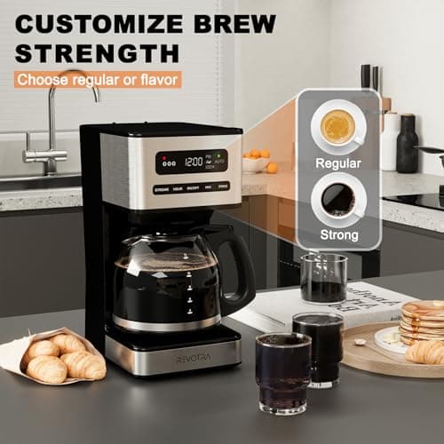 REVOTRA 12 Cup Programmable Coffee Maker, Hot and Iced Coffee Makers, Regular & Strong Brew Drip Coffee Machine, 1-4 Cup, 24H Timer, Auto Shut-Off, Keep Warm, Pause & Serve - Thumbnail 6