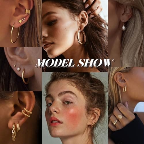 42 Pairs Gold Hoop Earrings Set for Women, Fashion Chunky Pearl Earrings Multipack Twisted Statement Earring Pack, Hypoallergenic Small Big Hoops Earrings for Birthday Party (Gold-45 pairs) - Thumbnail 6