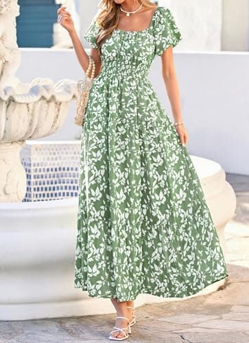 BTFBM Summer Dress for Women 2026 Spring Floral Short Sleeve Casual Flowy A-Line Smocked Tiered Maxi Dresses Pockets(Floral Green White, XX-Large) - Thumbnail 5