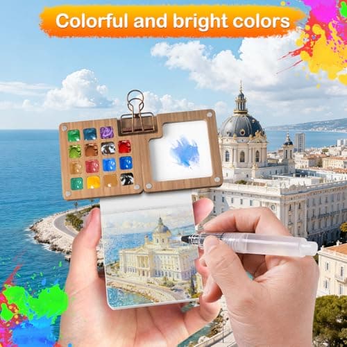 polsmtx Watercolor Paint Set, Mini Watercolor Travel Set, Pocket Watercolor Set With15 Grids Portable Wooden Paint Palette & 24 Paints, Tiny Gift, for Outdoor Hiker Recreationist - Thumbnail 3