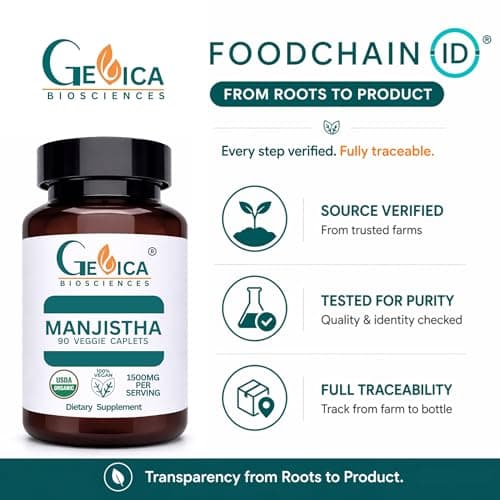 GeVica Biosciences Manjistha (Rubia Cordifolia) Caplets – USDA Organic,1500 mg per Serving – No Extract, 100% Whole Herb, NPOP & BioAgriCert Certified – 90 Count - Thumbnail 5