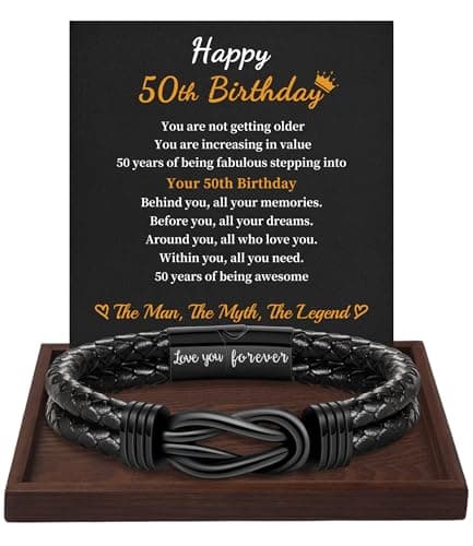 Btysun 50th Birthday Gifts for Men, Mens Leather Bracelets Happy Birthday Gifts Infinity Knot Bracelet for Dad Son Husband Boyfriend Mens Birthday Gift Ideas - Image 1