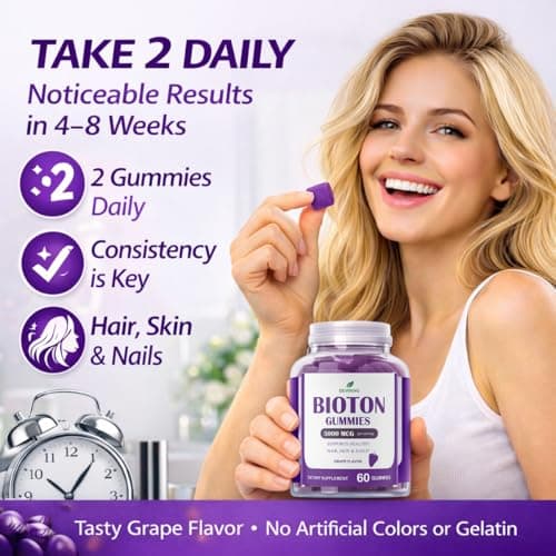 DEWANG Biotin Gummies 5000mcg – Hair, Skin & Nails Support with Zinc & Vitamin C – Vegan Sugar-Free Non-GMO – 60 Count - Thumbnail 4
