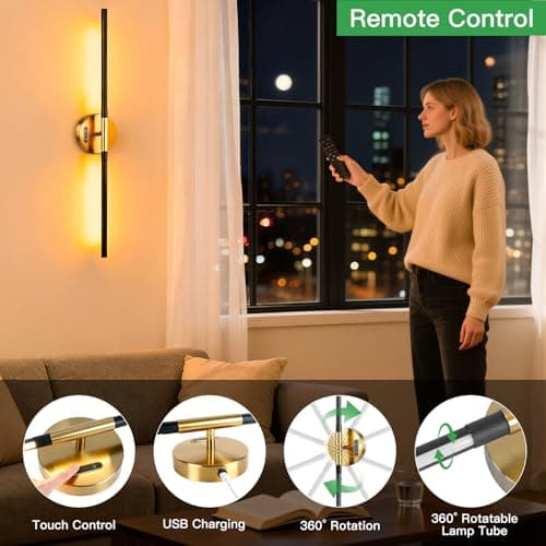 Omnikerlight Battery Operated Wall Sconces with Remote, Dimmable Wall Sconces Set of 2, 3000K/4500K/6000K, 360° Rotate, Rechargeable Wall Lights for Living Room Bedroom Hallway - Thumbnail 3