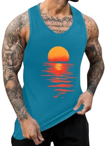 ONLYSTORY Mens Casual Summer Tank Tops Tropical Beach Printed Graphic Crewneck Sleeveless Shirts Workout Gym Muscle Tops Hawaii Vacation Blue Sun Sea, L - Image 1