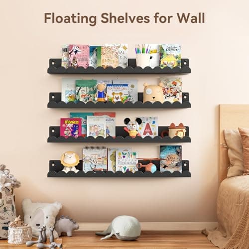 Gattlukd Floating Shelves for Wall, 23 Inch Metal Nursery Book Shelves 4 Pack, Wall Mounted Book Shelf for Kids Room, Bedroom, Bathroom, Playroom Decor (Black) - Thumbnail 5