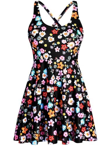 HUAKARY Plus Size Swimdress for Women One Piece Swimsuit Tummy Control Flroal Swimwear with Pockets Black Floral 20W - Image 1