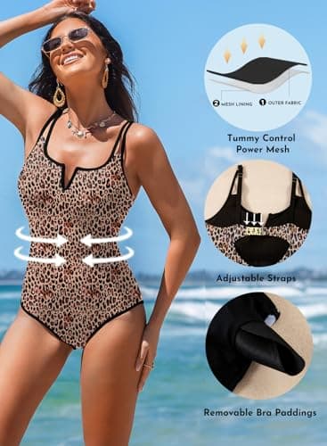 Aleumdr Women's Leopard Printed One Piece Swimsuit Tummy Control Retro Bathing Suit Padded Push Up High Cut Swimwear Black Leopard Large - Thumbnail 5