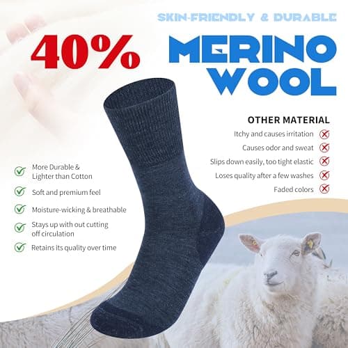 Forcool 3 Pairs Merino Wool Diabetic Crew Socks Loose Top Extra Wide Non-Binding Cushioned for Men and Women, Black+Khaki+Denim blue, Medium - Thumbnail 2
