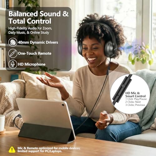 Urban Swing W2 Foldable Wired Headphones, 3.5mm Jack & USB C Adapter, Over Ear Headset for iPhone 17 16, iPad Pro, Samsung S25 S24, 4.9ft Braided Cable & Pouch for Travel, Office, Casual Gaming, Black - Thumbnail 3