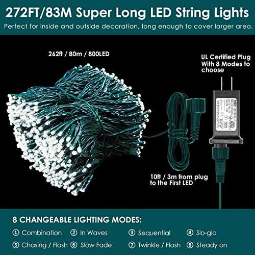 XUNXMAS Bright Christmas Lights Outdoor 800 LED Christmas String Lights, 272ft 8 Modes Timer Fairy Twinkle Tree Lights for Home, Party, Holiday, Indoor Xmas Decorations Cool White - Thumbnail 2
