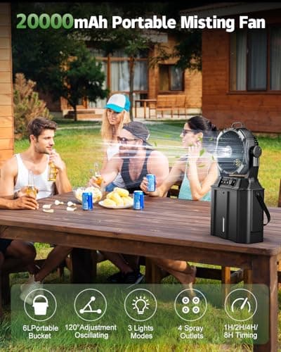 MONISEN Misting Fan for Outside Patios, Rechargeable Battery Operated Mist fan, Camping Mister Fan With Remote, 4 Mist Nozzles, 3 Light Settings, 4 Timers for Fishing/Golf/Garden/Party/Tent/Beach - Thumbnail 5