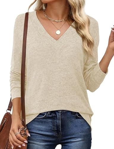 JUSTFASHIONNOW Shirts for Women V Neck Long Sleeve Tunic Tops Business Casual Blouses Ladies Plus Size T Shirts Lightweight Dressy Sweaters Winter Tops (Apricot,Large) - Image 1