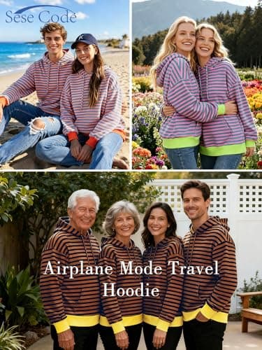 SeSe Code Hoodie With Eye Mask Striped Airplane Travel Womens Mens Oversized Sweatshirt Sleep Pullover Color Block Brown Khaki L - Thumbnail 4