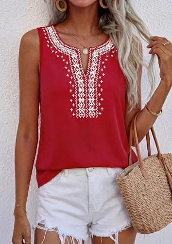 PRETTYGARDEN Womens Tank Tops 2026 Summer Causal V Neck Sleeveless Shirts Floral Print Embroidered Beach Vacation Boho Top(Red,Large) - Thumbnail 6