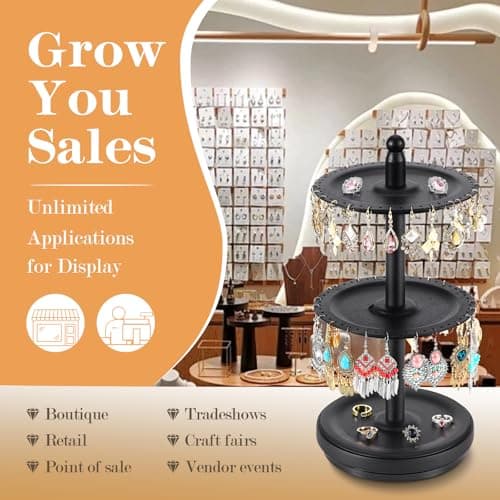 BNING Earring Holder Organizer, Rotating Solid Wood Earring Organizer Stand for Women Girls, 3-Tier Jewelry Holder Tree With 102 Holes for Display, Gifts for Her (Black) - Thumbnail 5