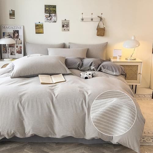 DCSKY Duvet Cover Set - 100% Washed Cotton, 3 Piece Pre-Washed Super Soft Breathable Bedding with Duvet Cover and 2 Pillow Cases (01Gray(No Comforter), King (104''x90'')) - Thumbnail 3