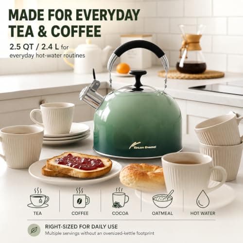 Tinlon Enamel 2.5 Qt Whistling Tea Kettle for Stovetop, Green - Thumbnail 2