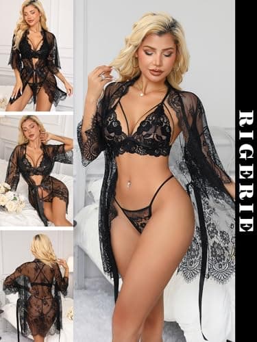 Rigeri Women's Lace Kimono Robe Babydoll Lingerie Nightgown Black XS - Thumbnail 3
