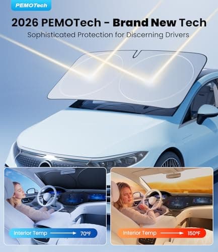 PEMOTech 2026 Upgraded Truck Windshield Sun Shade, Protector for F150/Raptor/Rv/Tikka, Thickened Overlapping Car Window Shades, Rays Blocker & Sun Dash Cover, Jeep Wrangler Accessories (69x35 inches) - Thumbnail 2