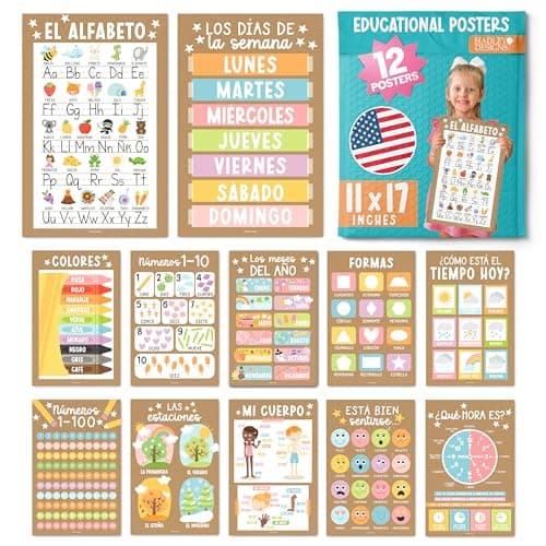 Hadley Designs Spanish Classroom Decorations - 12 Spanish Posters for Classroom Decor, Abecedario para Niños en Español, 11x17 Laminated Kraft Bilingual Educational Posters for Toddlers 1-3 - Image 1