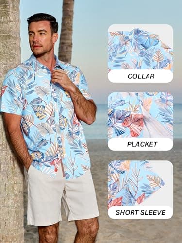 JEMLDL Men's Hawaiian Short Sleeve Button Down Shirt Wrinkle-Free Lightweight Tropical Leaf Beach Summer Clothes Sky Blue Leaf 2X-Large - Thumbnail 5