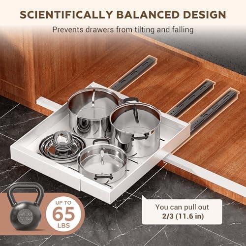 4 Pack Pull Out Cabinet Organizer for Pots and Pans, Upgraded 3-Slide Rail System with Adhesive Pads, Expandable Width (15.2"-26.2") Fits 21" Deep Framed/Frameless Cabinets, White Slide-Out Shelves - Thumbnail 3