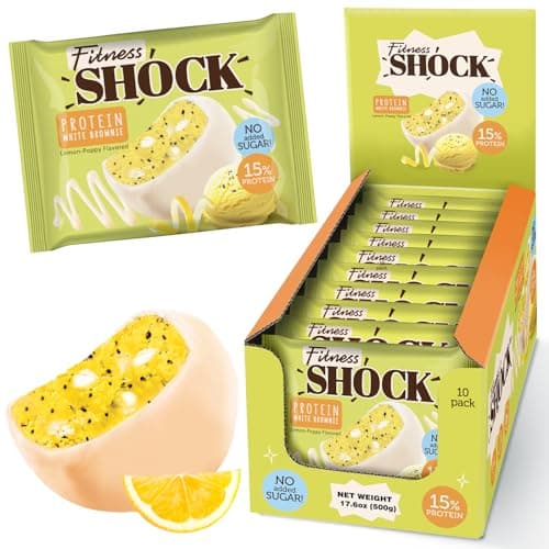 Fitness SHOCK Lemon Poppy Seed Protein White Brownie - No Added Sugar, 7.5g Protein, Low Carb Guilt-Free Dessert - 0g Added Sugar, 10g Net Carbs, 5g Fiber, Non-GMO - 10 x 50g - Image 1