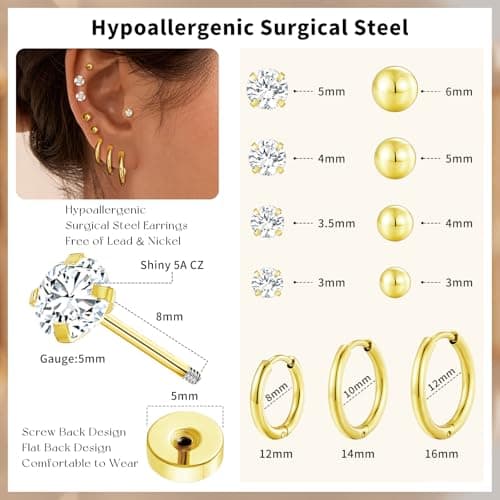 adoyi Gold Hoop Earrings for Women Stainless Steel Earrings for Sensitive Ears 14K Gold Plated Flat Back Studs Cartilage Hoops Earring for Women Lightweight Jewelry Gifts - Thumbnail 5