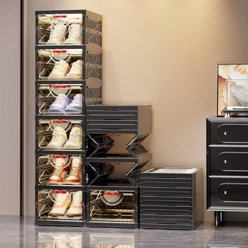 Zuocheng Foldable Shoe Rack Organizer Stackable Shoe Storage Box for Entryway, Closet & Bedroom Large Capacity Sneaker Containers Bins with Lids 5 Pack Black - Thumbnail 6