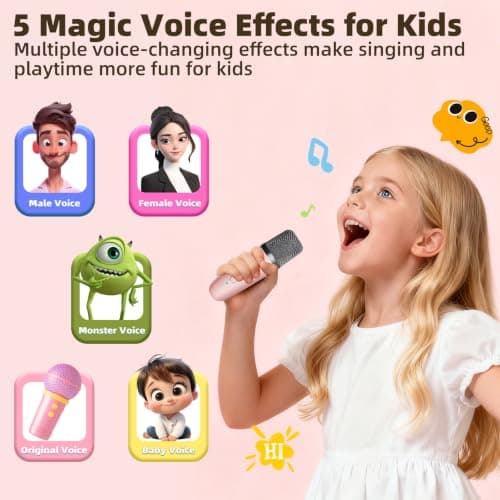 Kids Karaoke Machine Toy for Ages 3-12, Rechargeable Portable Bluetooth Speaker with 1 Wireless Microphone, LED Light Up Voice Changer, Christmas Birthday Gift for Boys Girls Grandkids (Pink - 1) - Thumbnail 4
