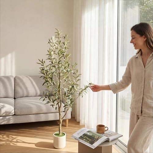 PUFFORO Faux Olive Tree, 5FT Artificial Olive Trees with Lifelike Olive Branches and Fruits, Fake Floor Plants with Pot for Indoor Home Office Living Room Outdoor Decor - Image 1