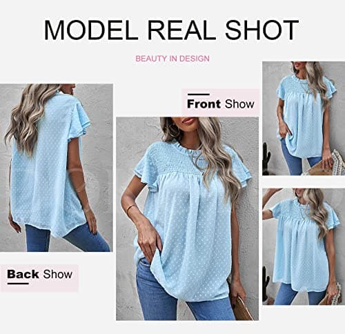Dokotoo Women's Cute 2026 Summer Lace Crew Neck Flowy Ruffle Short Sleeve Shirts for Women Pom Pom Dot Blouses Solid Casual Loose Back Self Tie T Shirts Tops Sky Blue M - Thumbnail 3