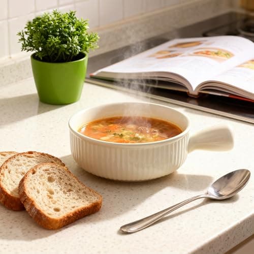 COIKZLY French Onion Soup Bowls, 20 Oz Soup Bowls with Handles, Microwave, Dishwasher & Oven Safe - Stackable Ceramic Soup Crocks for Chili, Beef Stew Set of 4, Beige - Thumbnail 3
