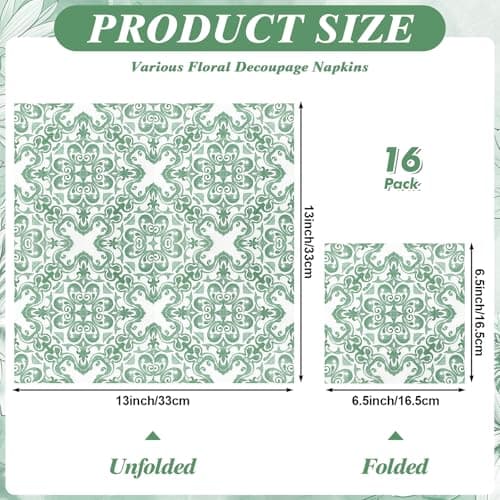16 Pcs 8 Styles Decoupage Napkins, Sage Green Floral Paper Napkins Chinoiserie Decorative Cocktail Napkin Pretty Printed Cocktail Paper for DIY Crafting Furniture Decor Birthday Party Baby Shower - Thumbnail 2