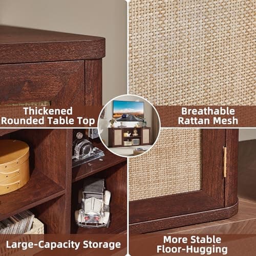 LEYAOYAO Rattan TV Stands for Living Room, Boho Media Console with Open Shelf for 50-65 Inch TV, Walnut - Thumbnail 5