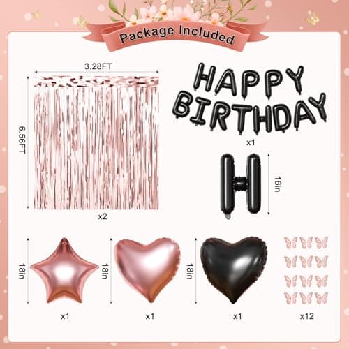 Rose Gold and Black Birthday Decorations for Women Girls, Pearl Metallic Rose Gold Black Foil Confetti Balloons Happy birthday Banner Gold Butterfly Fringe Curtains for Birthday Party Women Girls - Thumbnail 3