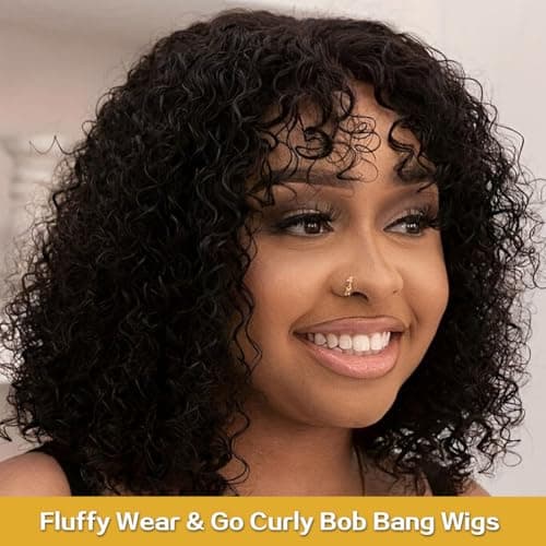 JOEDIR HAIR Fluffy Wig Human Hair Wigs for Black Women Wear and Go Afro Curly Bob Wig with Bangs 12 Inches Water Wave Glueless Wigs 250% Density (1B / Black) - Thumbnail 3