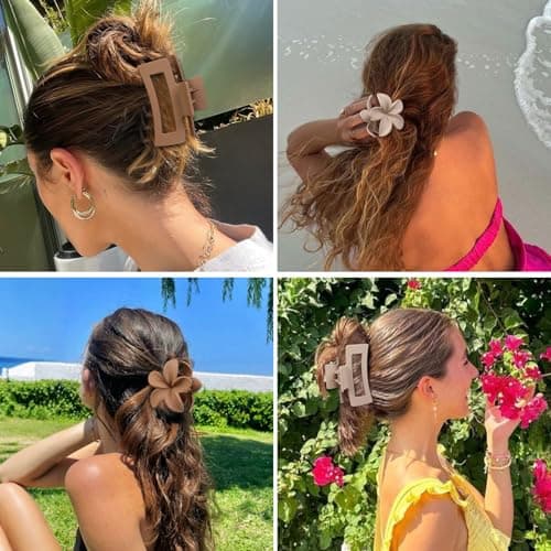 Flower Hair Clips for Women Square Claw Clips for Girls 2 Styles Hair Claw Clips for Thick or Thin Hair 6 PCS Hawaiian Hibiscus Rectangle Large Plumeria Medium Hair Accessories for Women (Brown) - Thumbnail 6