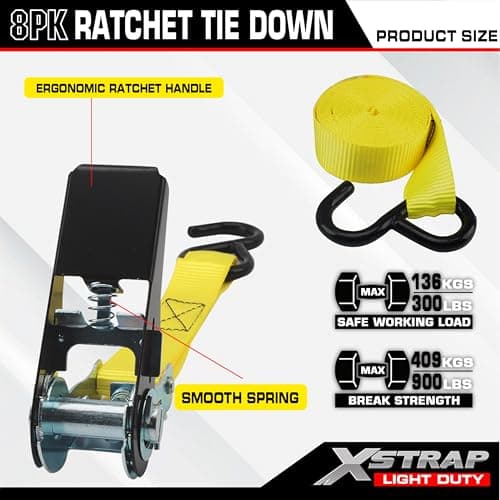 XSTRAP STANDARD Ratchet Tie Down Straps - 8PK - 1'' x 10 ft - 900 LB Break Strength Cargo Straps for Moving Appliances, Lawn Equipment, Motorcycle Yellow - Thumbnail 4