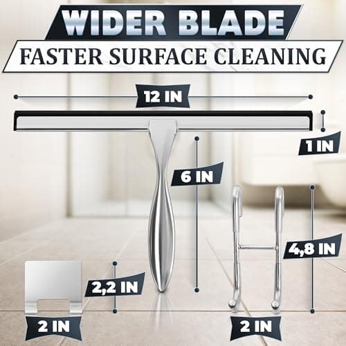 Shower Door Squeegee with Adhesive & Hanging Hooks, 12" Silicone Blade - Stainless Steel All-Purpose Squeegee for Shower Glass, Bathroom Mirror Cleaner Tool Suitable for Tile Walls - Multi-Surface Use - Thumbnail 2