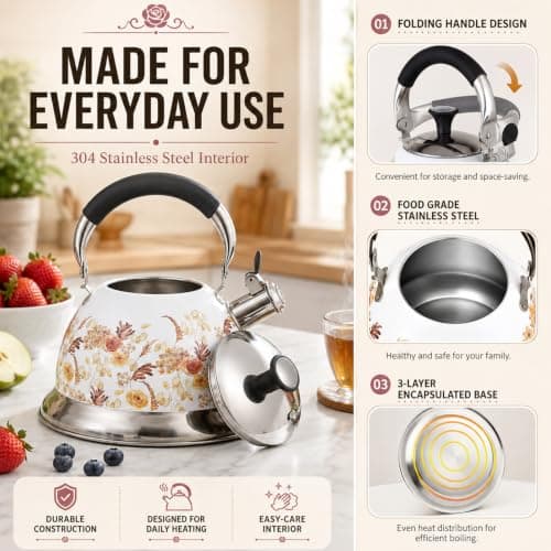 Tinlon Enamel Tea Kettle, 3.1QT Floral Whistling Tea Kettle for Stovetop - Thumbnail 4