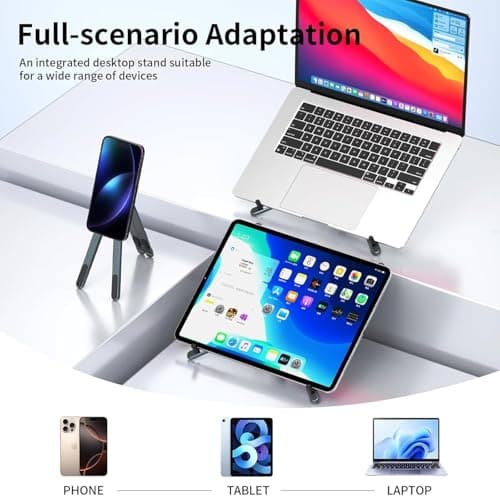 Laptop Stand for Desk, Foldable Aluminum Alloy Magnetic Computer Riser, Ergonomic 8-Level Adjustable Height Travel Laptop Holder,Multi-Functional Stand for 10–16"Laptop,4–13" Tablet and Phone - Thumbnail 3