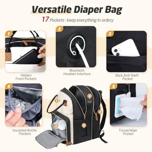 Tonyeee Diaper Bag Backpack - Extra Large Diaper Backpack for 2 Kids Twin, Travel Baby Bags for Mom Dad 25-37L Expandable with Changing Pad, Quilted Beige Black - Thumbnail 4